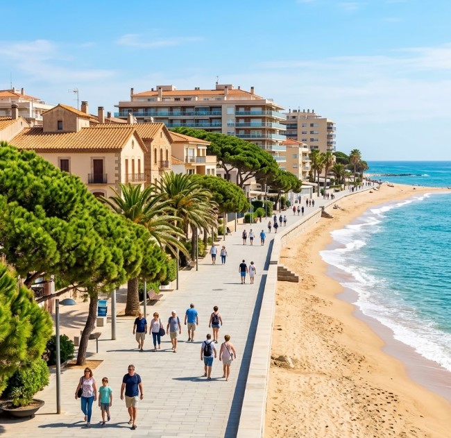 Vistas del paseo marítimo, los pinos y el entorno costero de Pineda de Mar